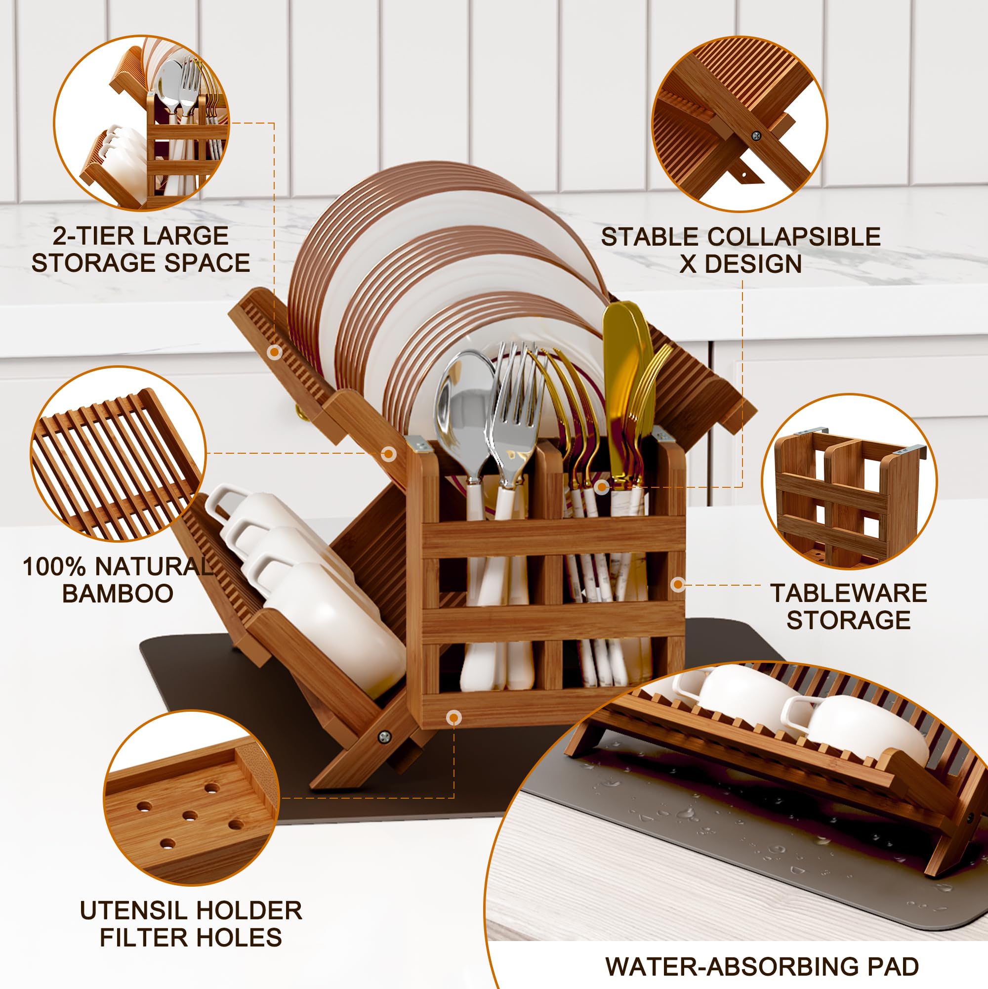 Greenual Teak dish drying rack with cups and plates slots.
