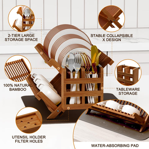 Greenual Teak dish drying rack with cups and plates slots.