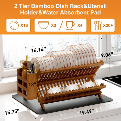 Greenual Teak dish drying rack folded flat for easy storage.