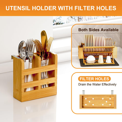 Greenual wooden dish rack for kitchen counter keeps dishes organized.