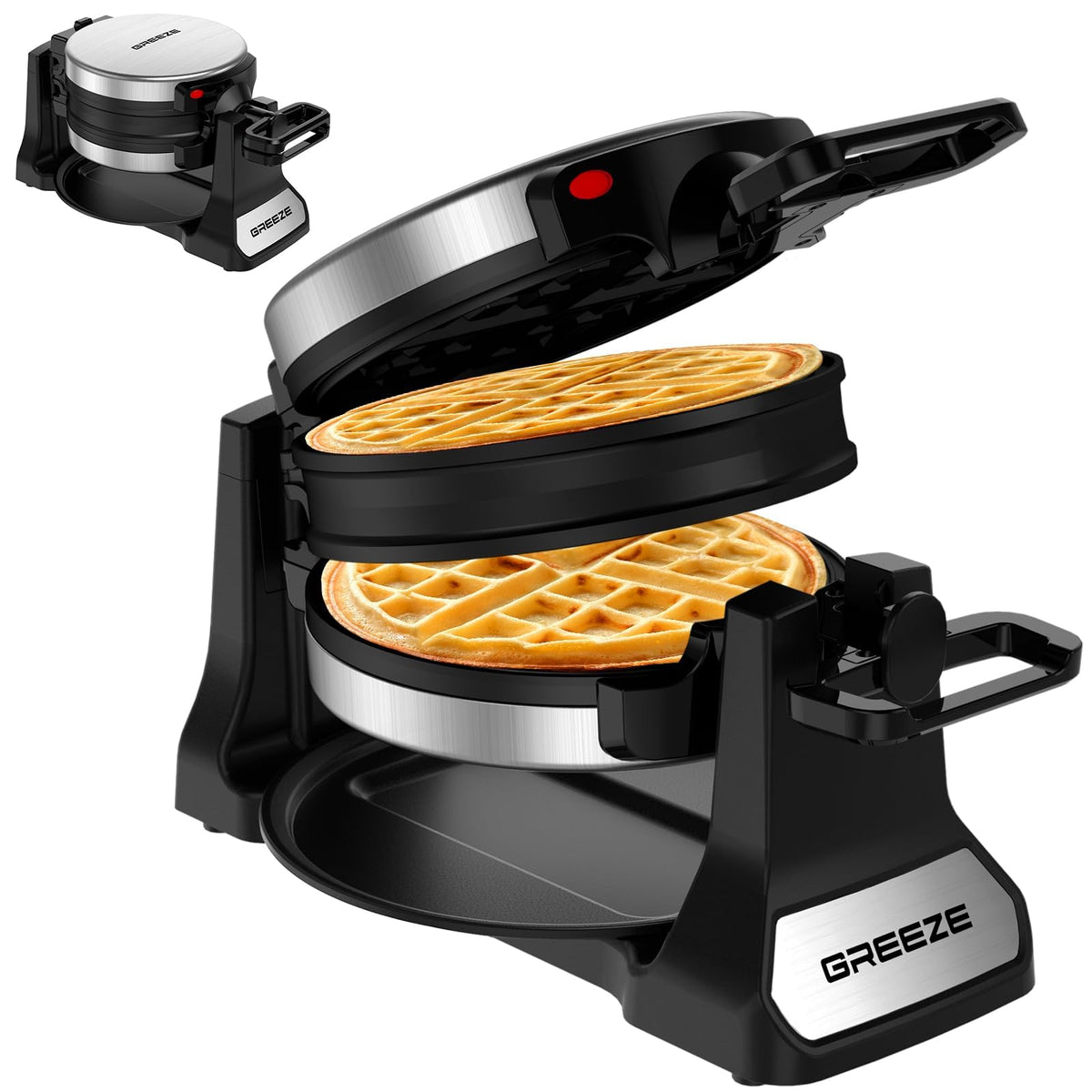 Greeze waffle maker with 180 flip for even batter distribution and fluffy interiors
