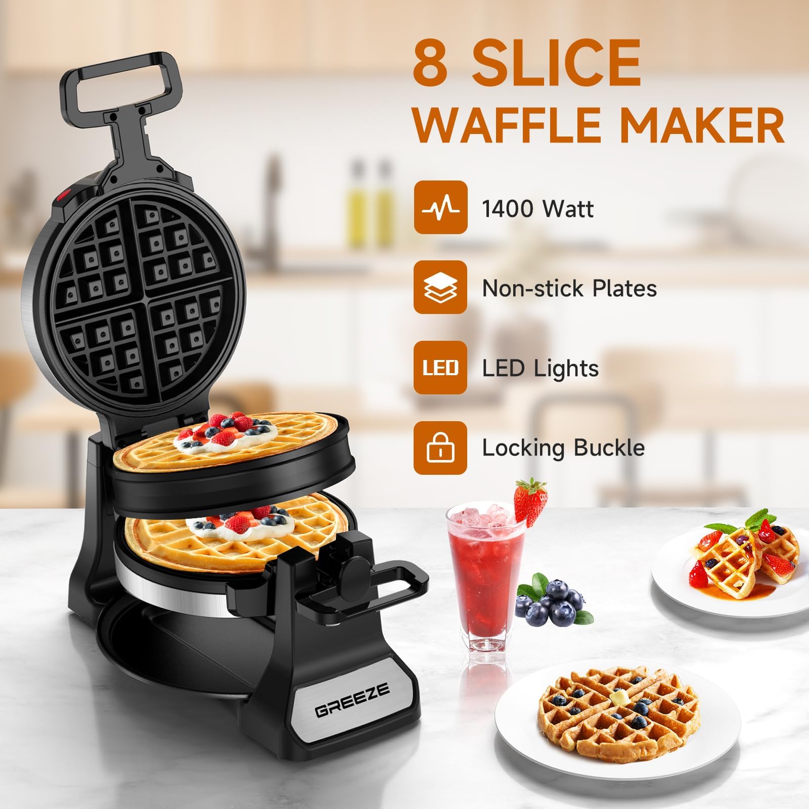Greeze 8-slice waffle iron bakes two waffles at once for busy mornings