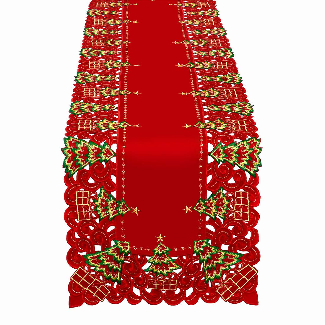 Grelucgo embroidered Christmas holly tree runner enhances festive dining ambiance.