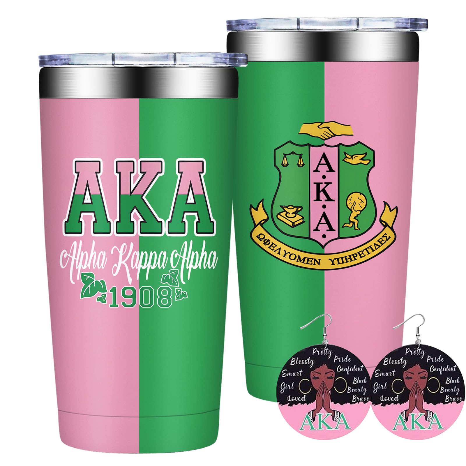 Grifarny AKA pink-green tumbler 20oz keeps drinks hot or cold, ideal for sorority events
