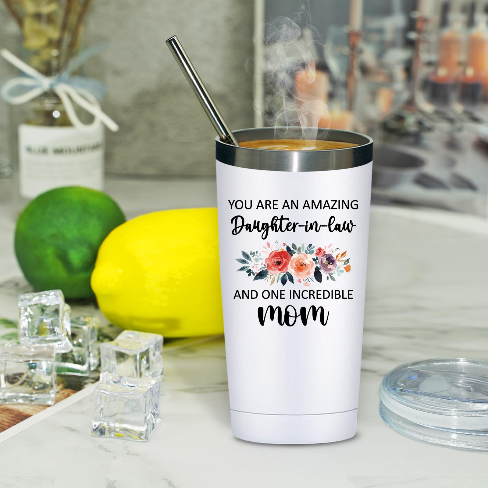 Tumbler with coffee and ice showing temperature retention capability.