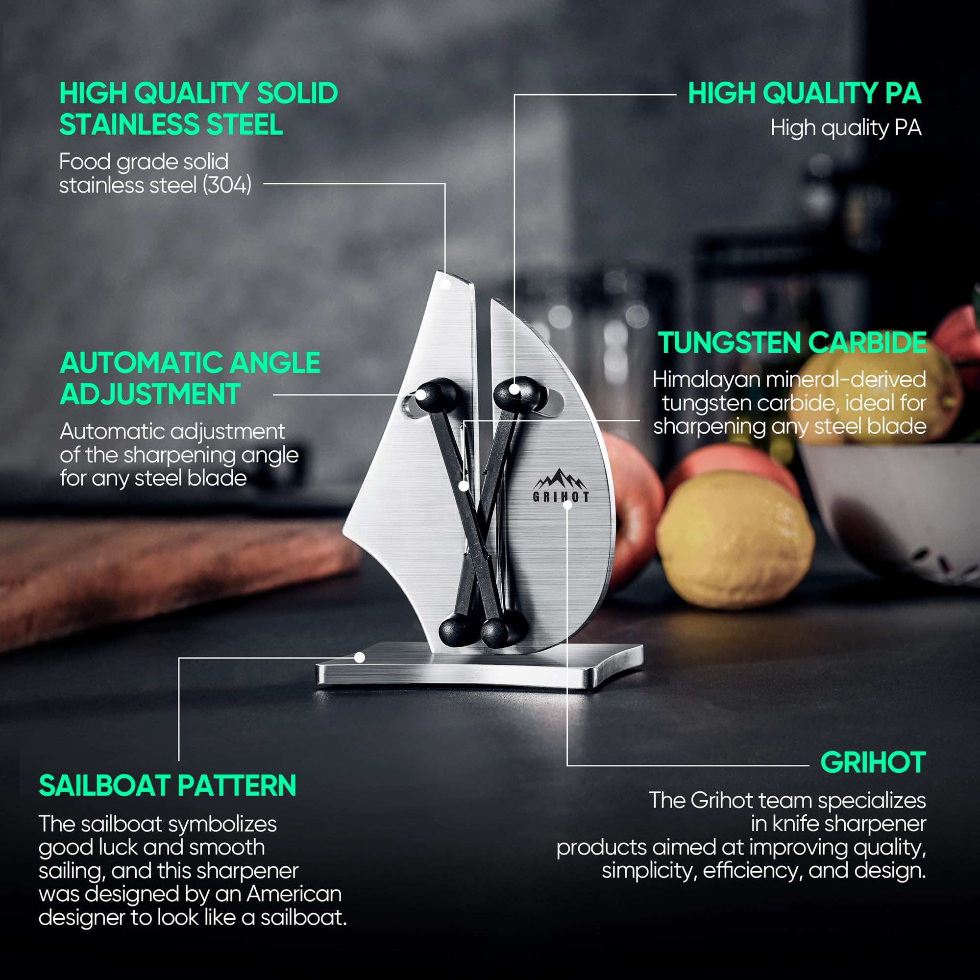 Grihot VN3 demonstrates 3-action sharpening for different blade types in kitchen