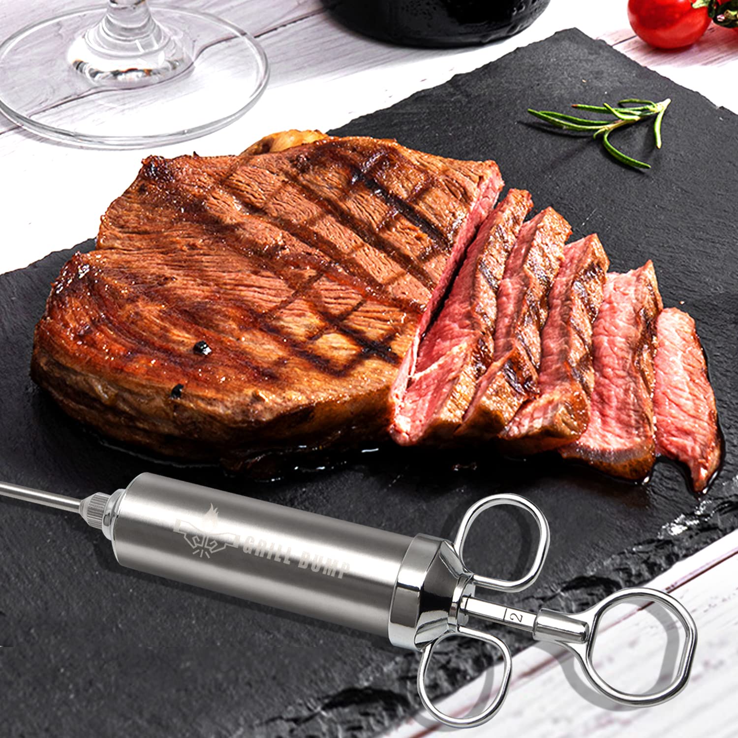GRILL BUMP BBQ injector kit shown in use for flavorful smoke injections