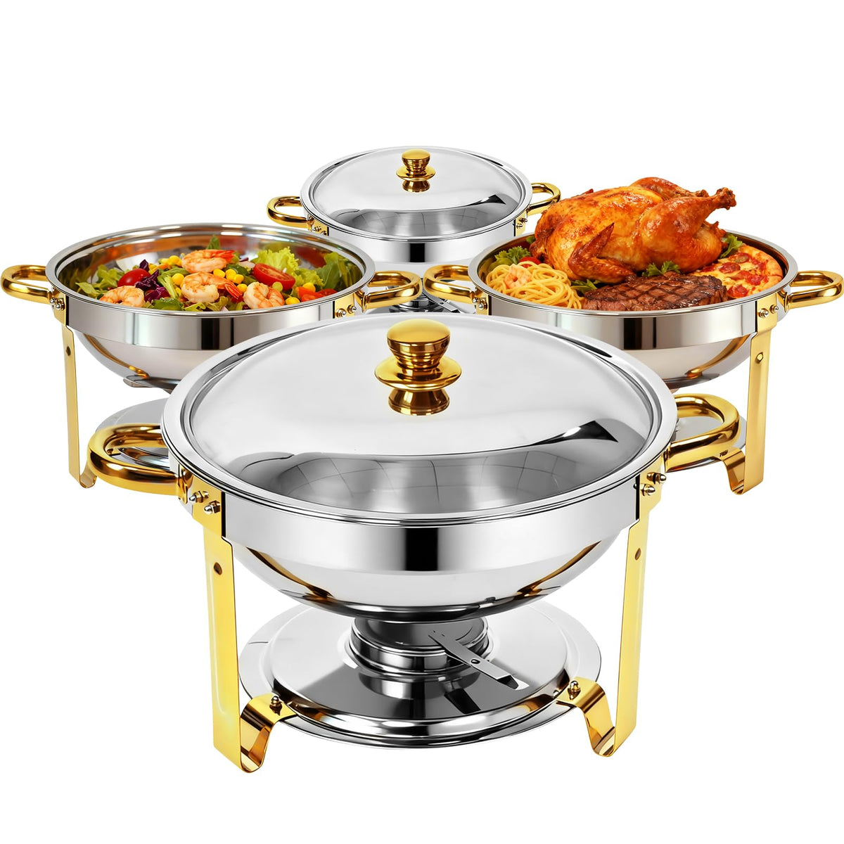 Grillaxy chafing dishes 4-pack with gold-silver finish for upscale buffets.