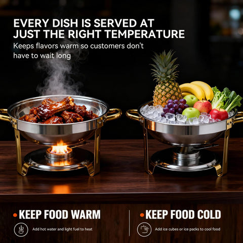 Grillaxy fuel canisters keep buffet hot for extended service.
