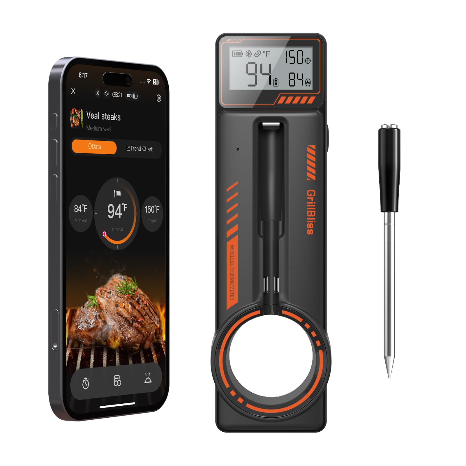 GrillBliss Bluetooth Meat Thermometer, front view, enabling wireless precise grilling control.