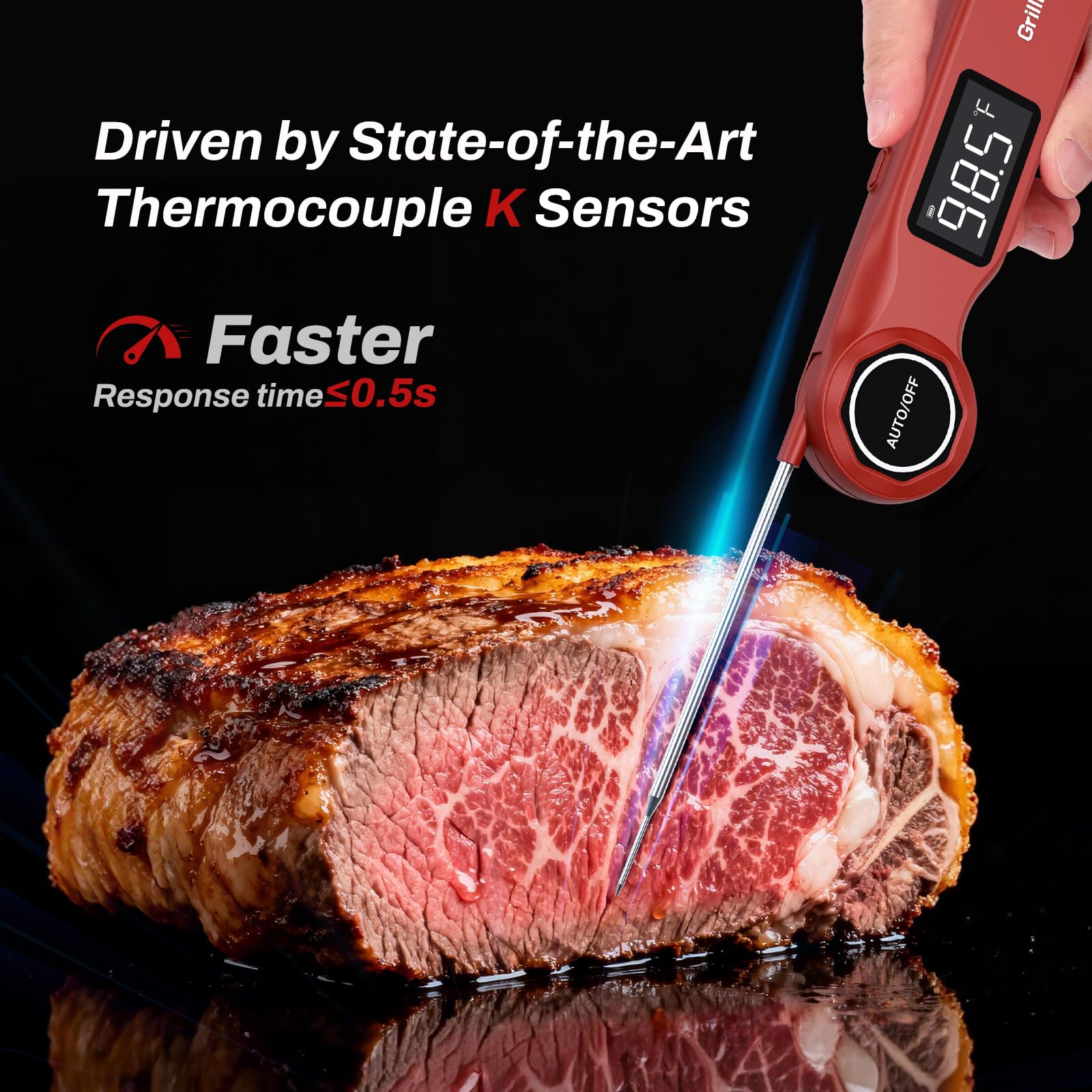 GrillBliss thermometer showing quick 0.5s reading for precision.