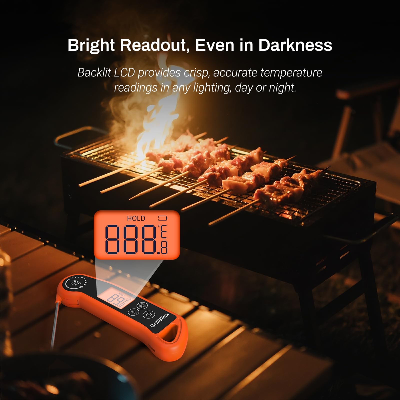GrillBliss thermometer's magnetic back and hanging hook for convenient placement
