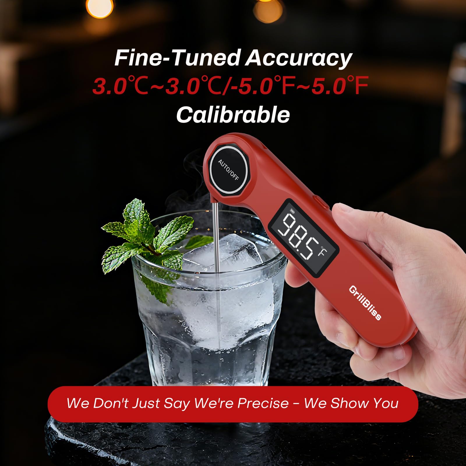 GrillBliss thermometer magnetic back sticks to fridge for quick access.