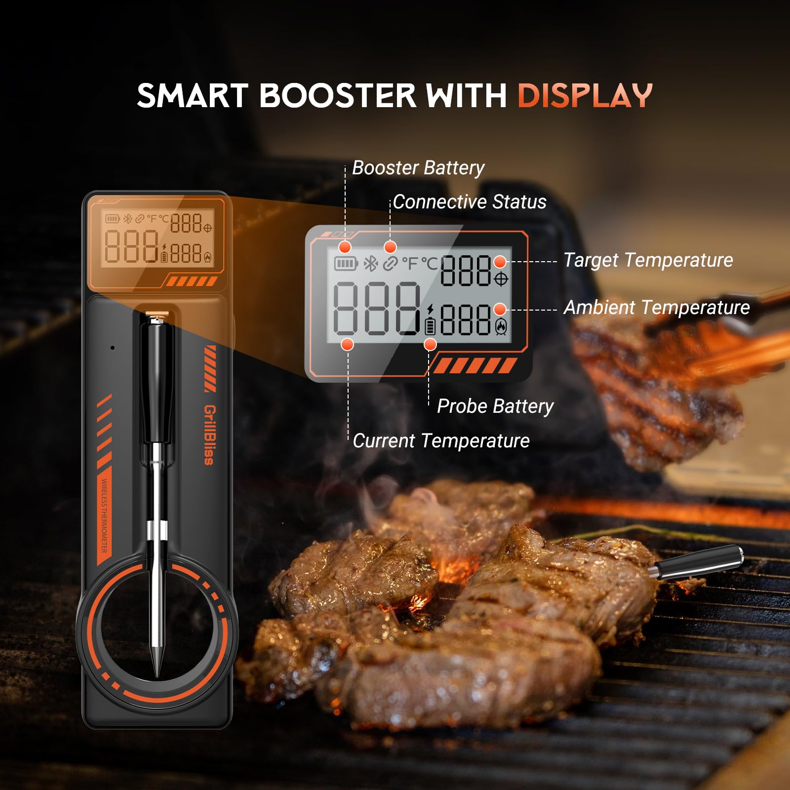 GrillBliss remote monitoring up to 300ft keeps cooking hands-free.