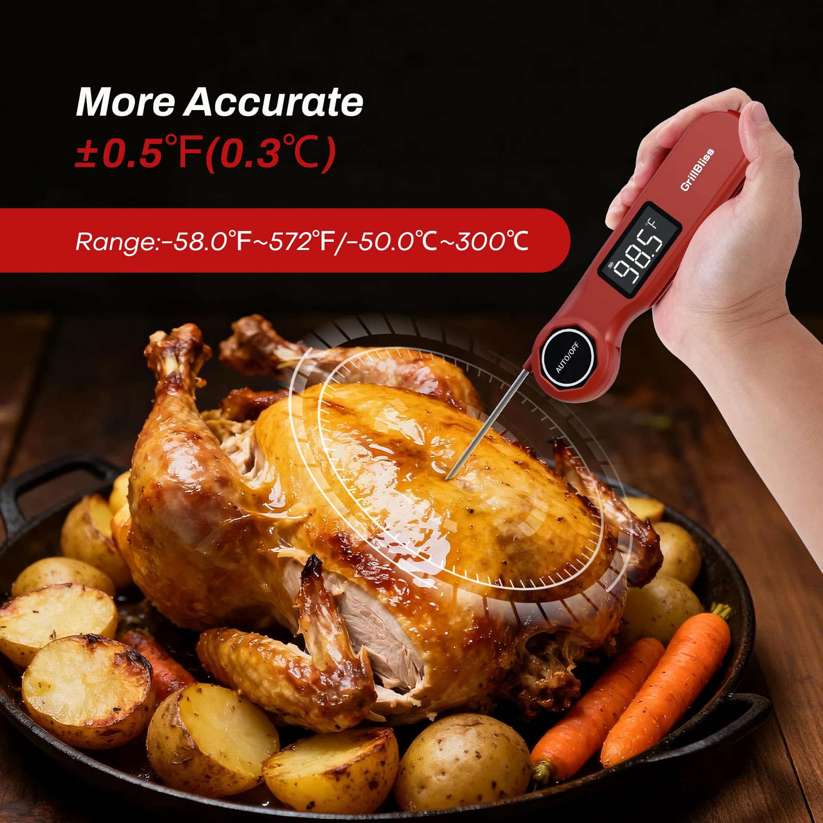 GrillBliss wide -58°F to 572°F range suits many recipes.
