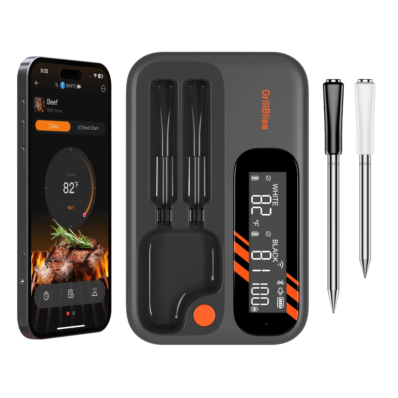 GrillBliss wireless thermometer display with backlit screen for easy reading.
