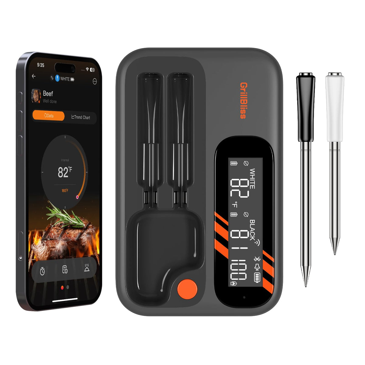 GrillBliss wireless thermometer display with backlit screen for easy reading.