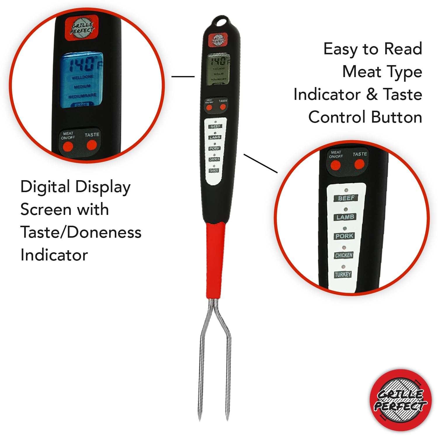 Grille Perfect thermometer fork offers four doneness levels for precise cooking outcomes