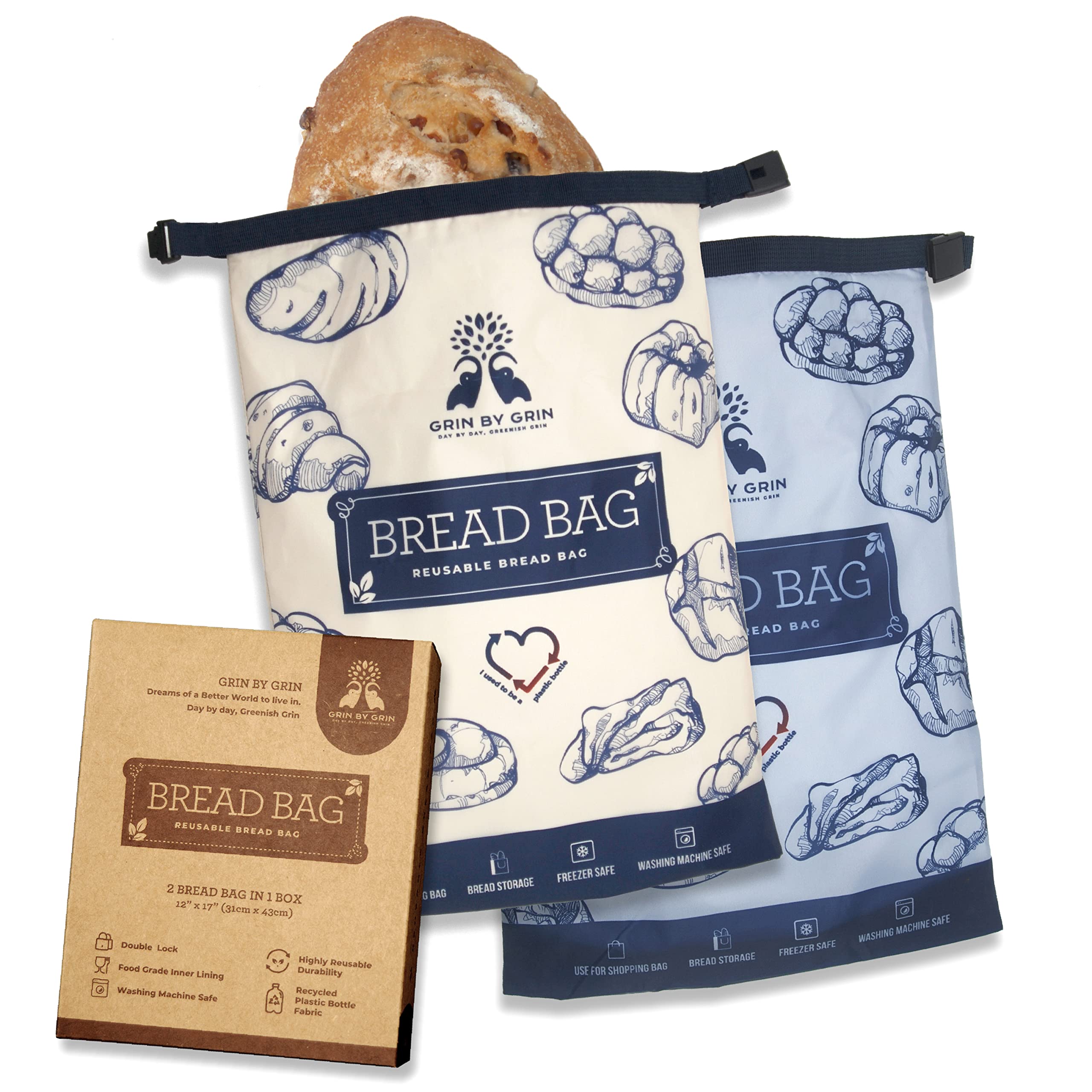 GRIN BY GRIN bread bags 2-pack with zipper closure for fresh loaf storage.