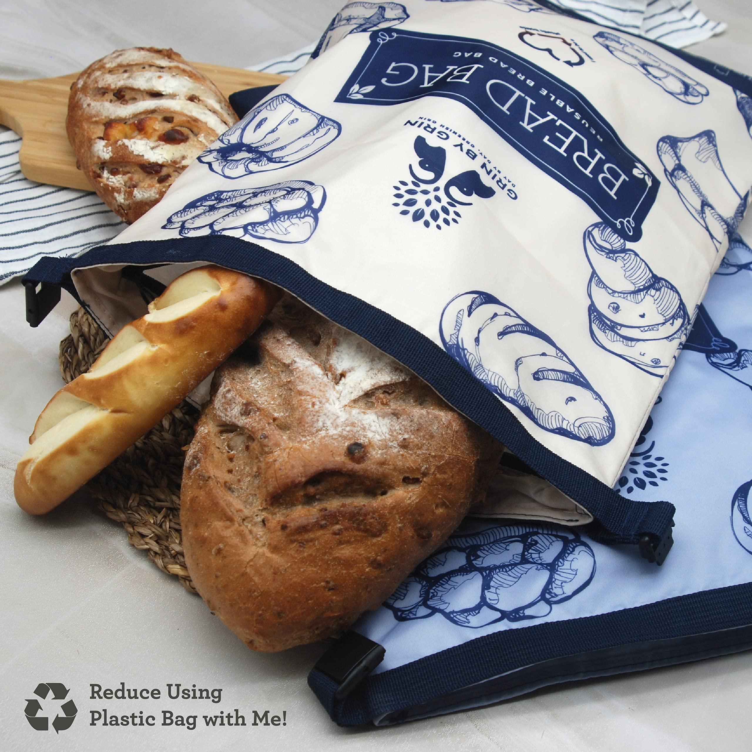Ivory and blue gray GRIN BY GRIN bread bags for stylish kitchen storage.
