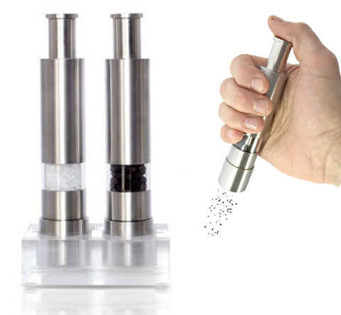 Grind Gourmet refillable salt grinder with stand for a mess-free kitchen.