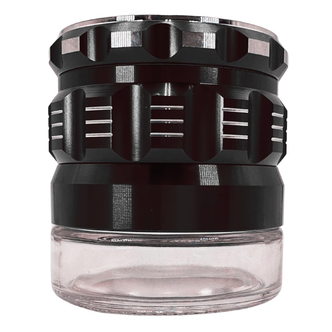 Grinder Garage spice grinder with jar attached and clear viewing chamber.