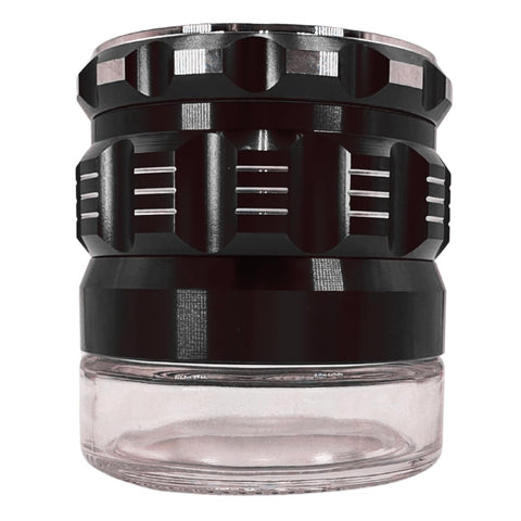 Grinder Garage spice grinder with jar attached and clear viewing chamber.