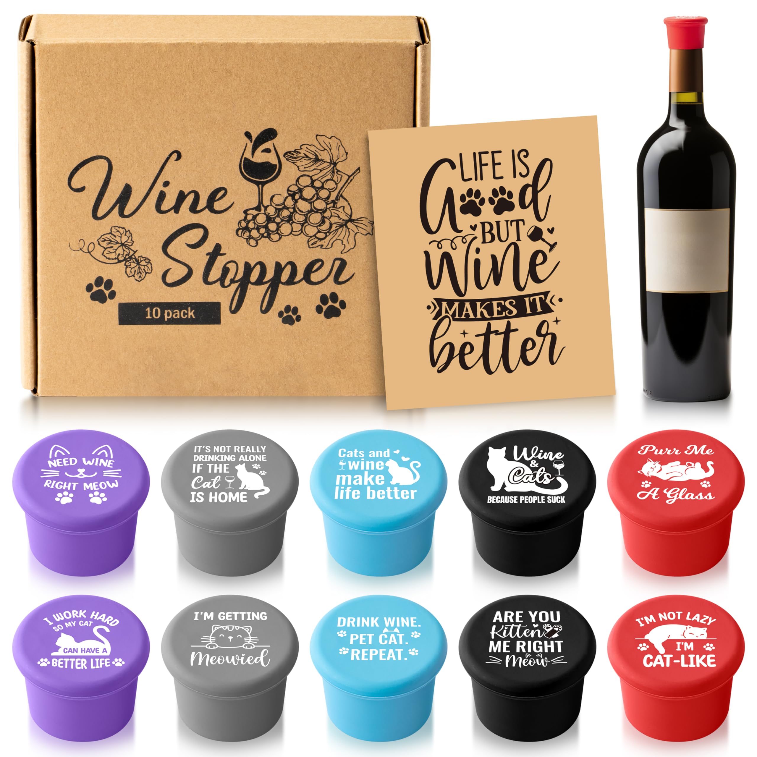 GROBRO7 cat-themed silicone wine stoppers provide airtight seals to keep wine fresh.