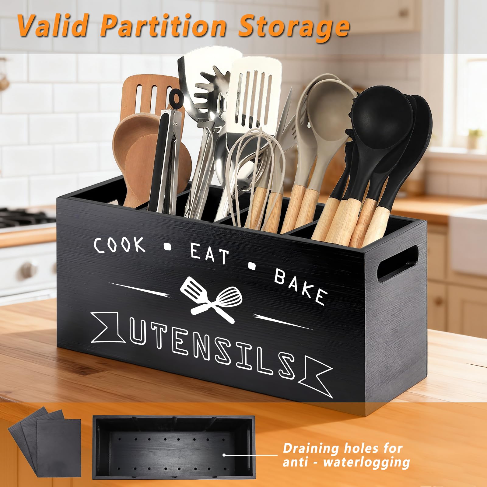 Groqrsn expandable space with removable dividers to fit larger utensils.