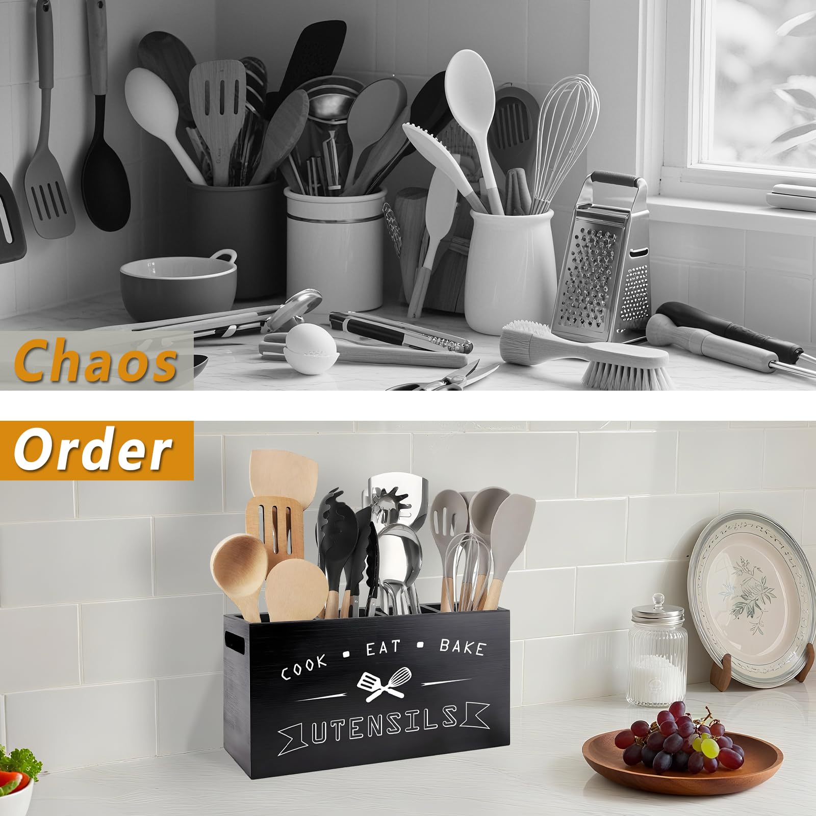 Groqrsn four-compartment wooden utensil holder for kitchen tools.