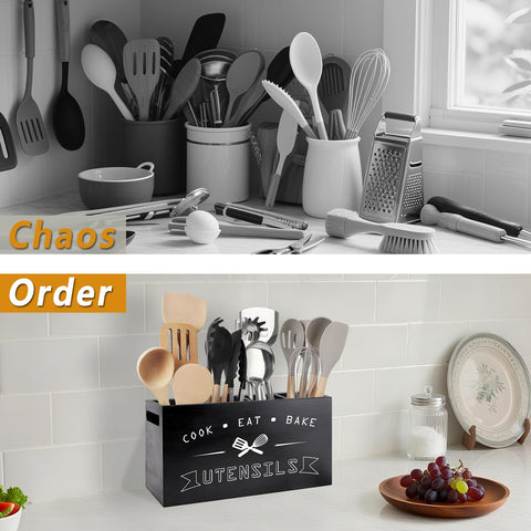 Groqrsn four-compartment wooden utensil holder for kitchen tools.
