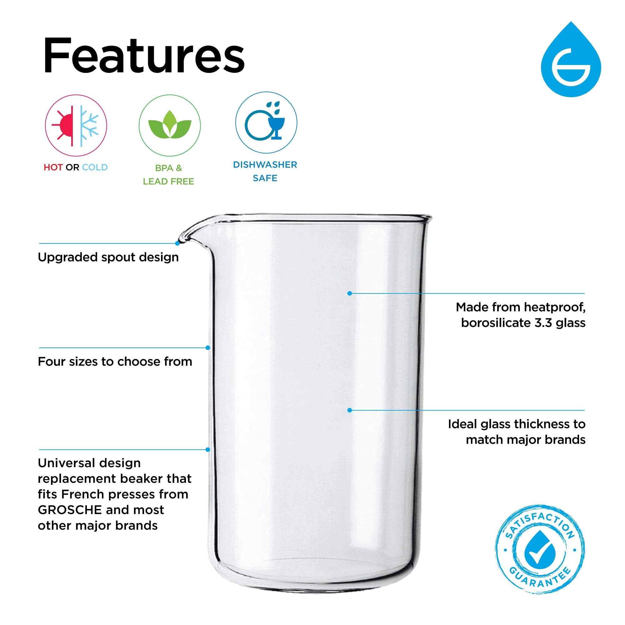 GROSCHE beaker top view, heatproof glass ideal for hot and iced beverages.