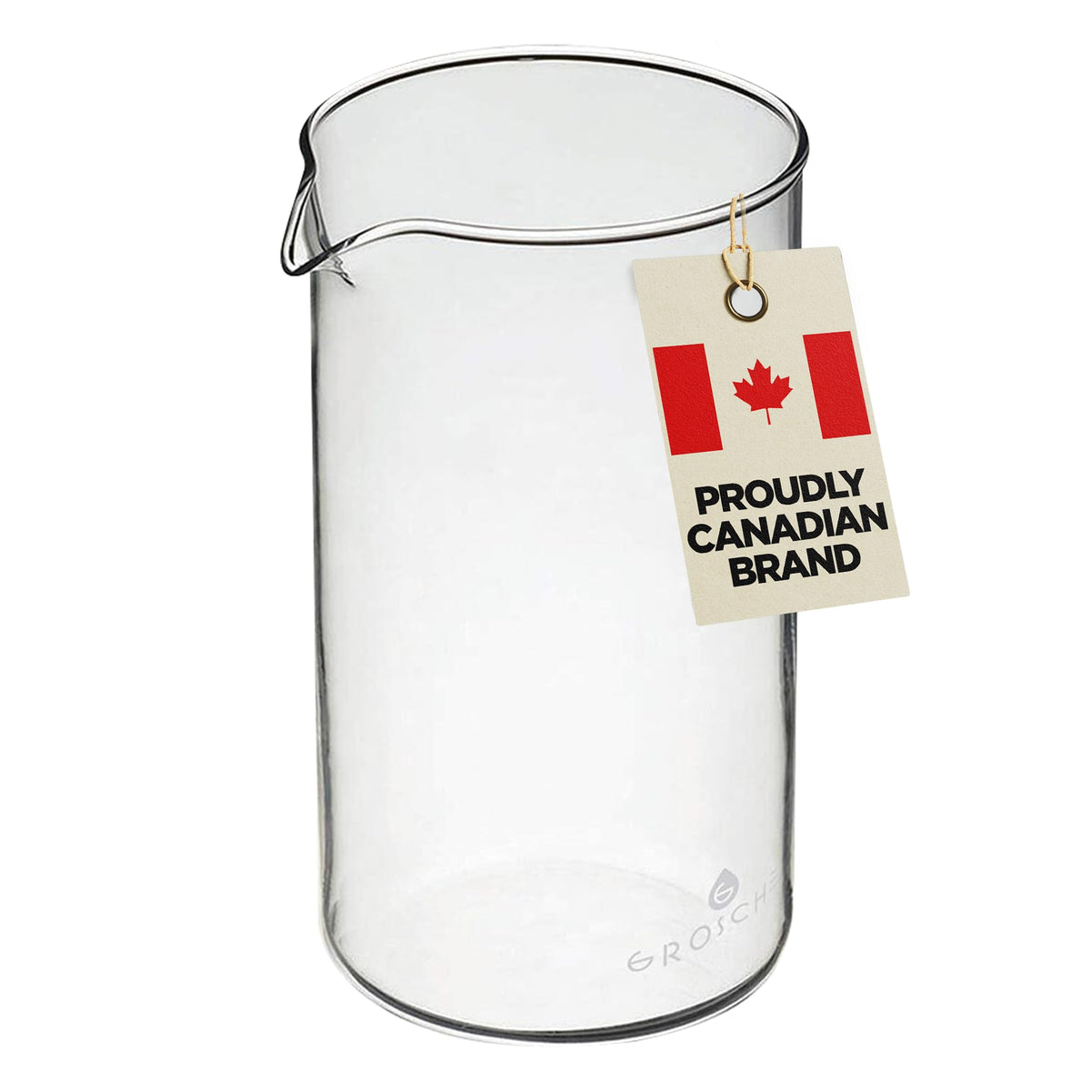 GROSCHE borosilicate 3.3 glass beaker front view, universal fit for French presses and tea makers.