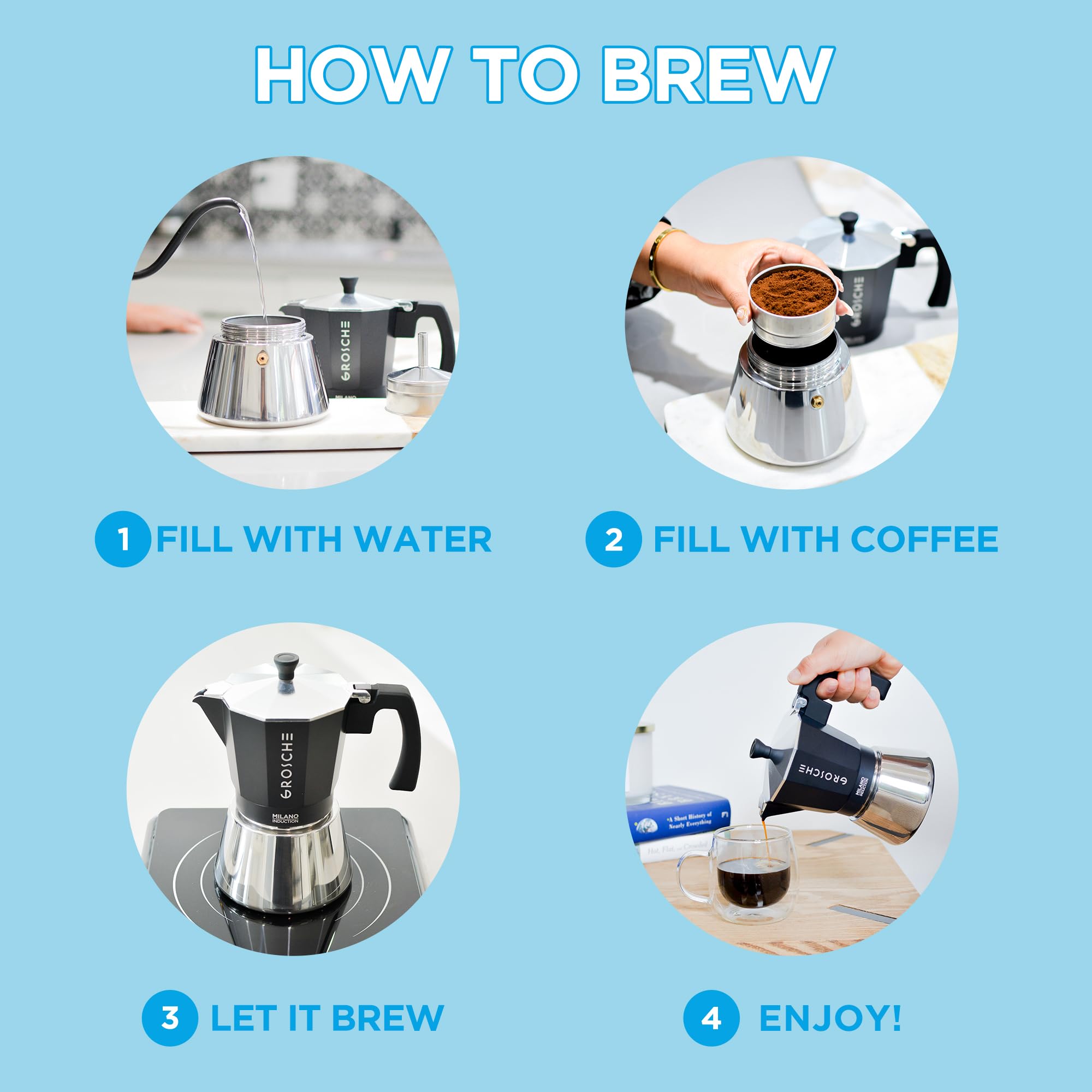 GROSCHE Milano moka pot on induction hob for versatile cooking