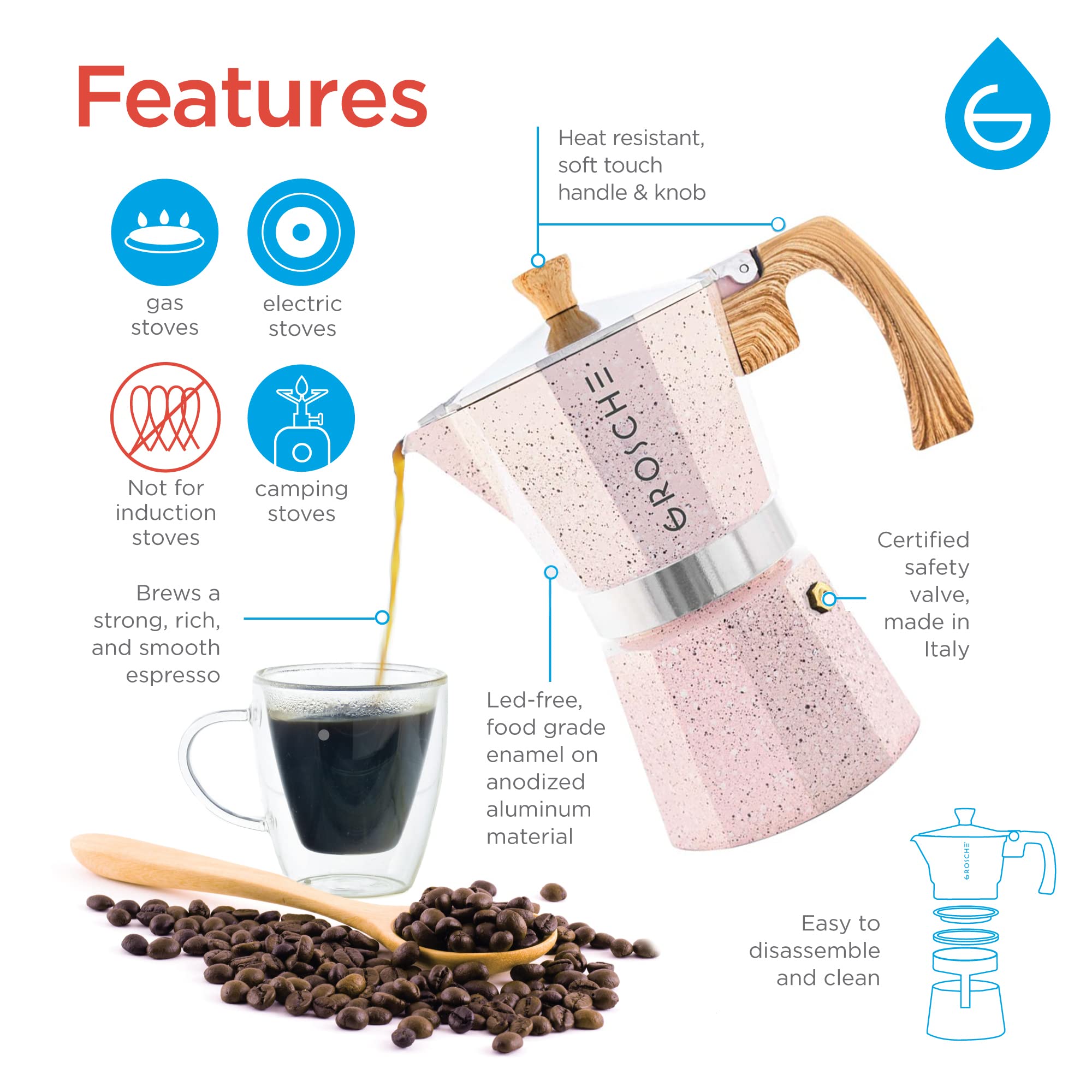 GROSCHE Milano Moka Pot with burn-safe handle for safer pouring.