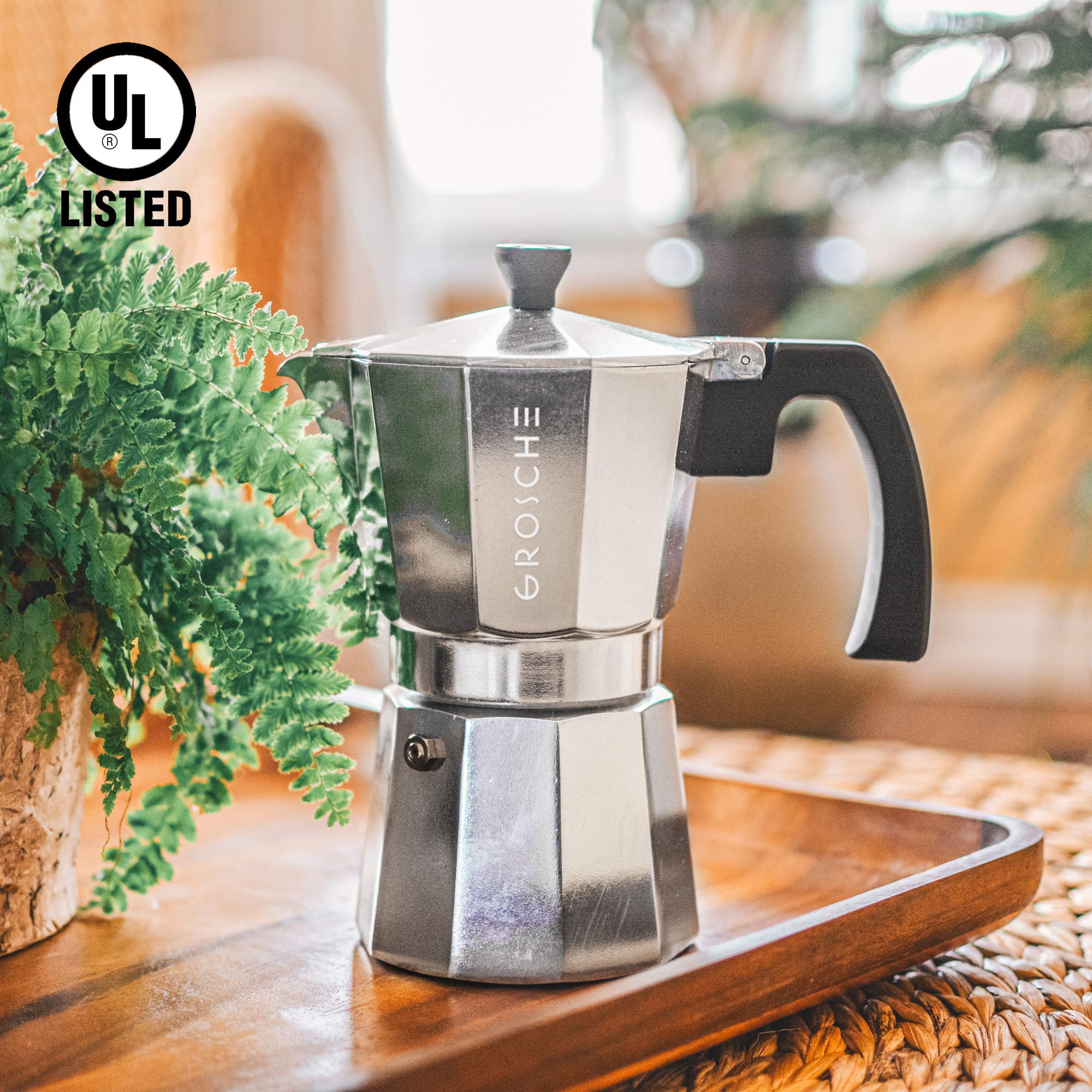 GROSCHE Milano Moka Pot handle close-up for safe, soft-touch grip