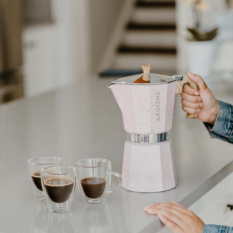GROSCHE Milano Moka Pot pink finish adds vibrant color to the kitchen.