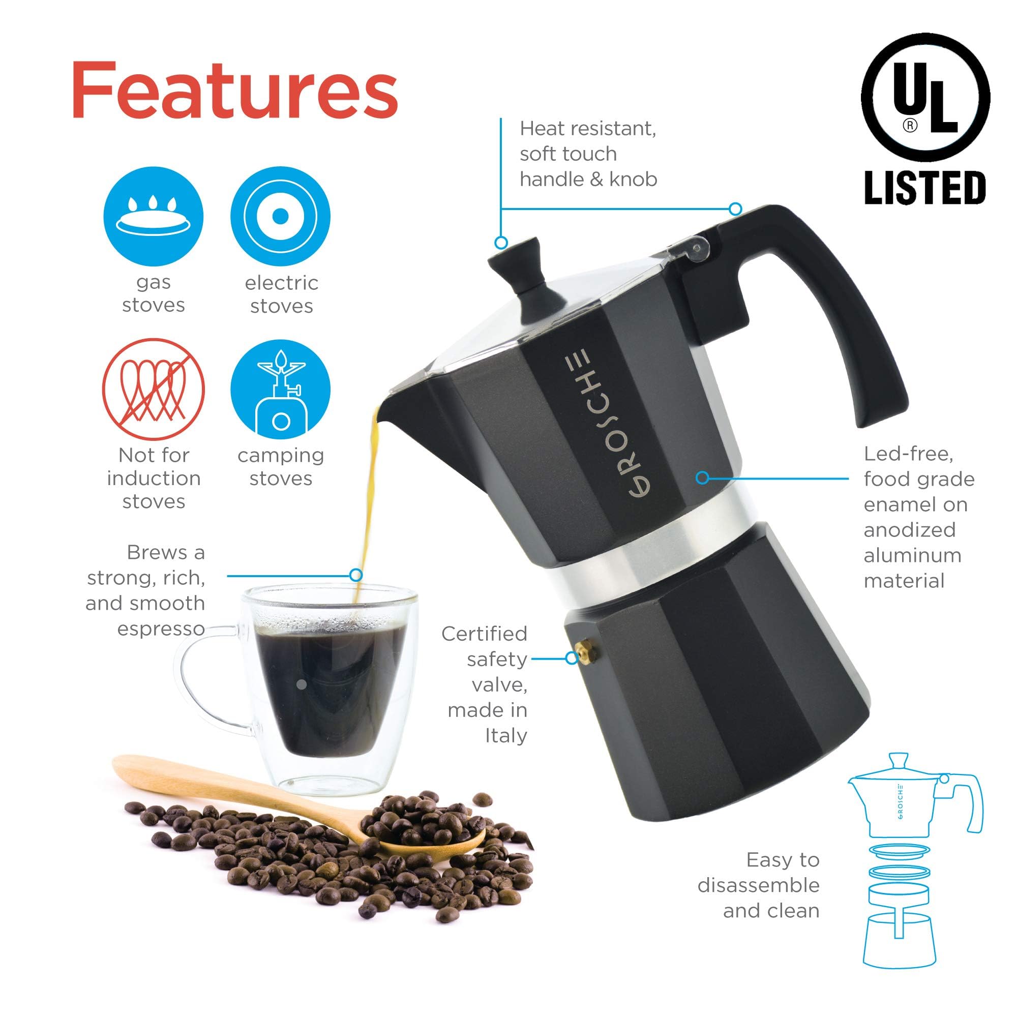 GROSCHE Milano moka pot safety valve ensures safer pressure release during brewing