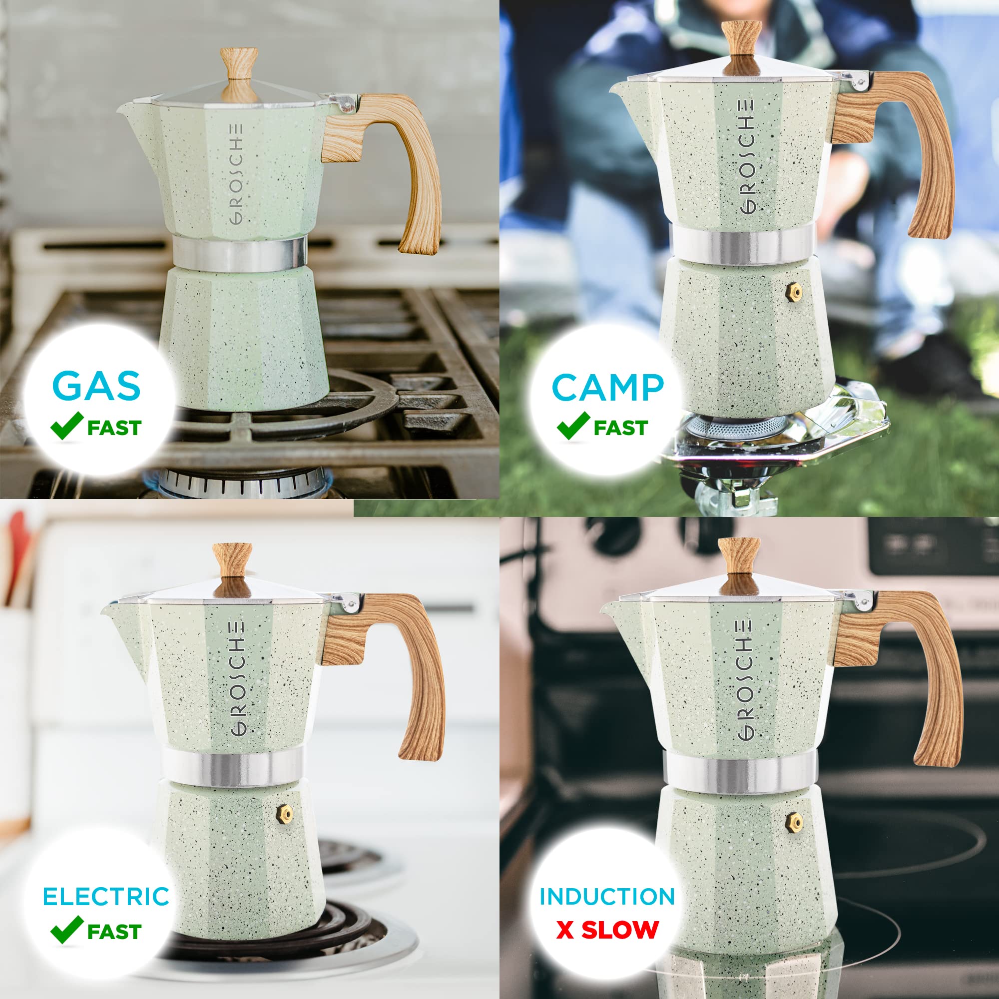 GROSCHE Milano Moka Pot stone finish detail shows hand-applied variation