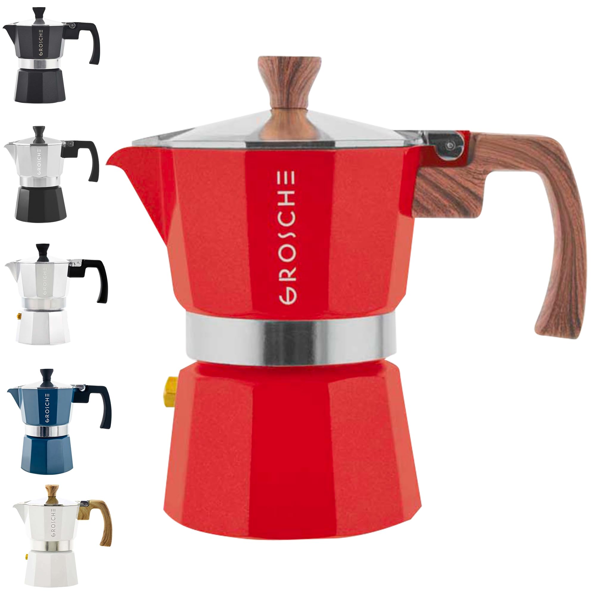 GROSCHE Milano 3-cup red stovetop espresso maker front view for rich at-home espresso