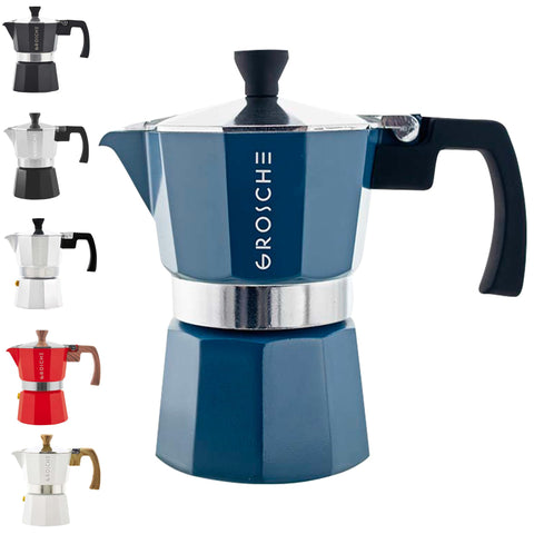 GROSCHE Milano blue stovetop moka pot brewing rich espresso at home.