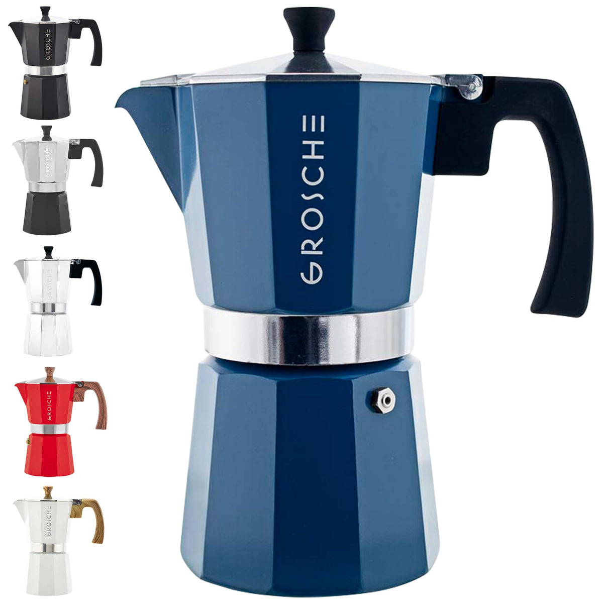GROSCHE Milano moka pot blue, full view ready for authentic stovetop espresso