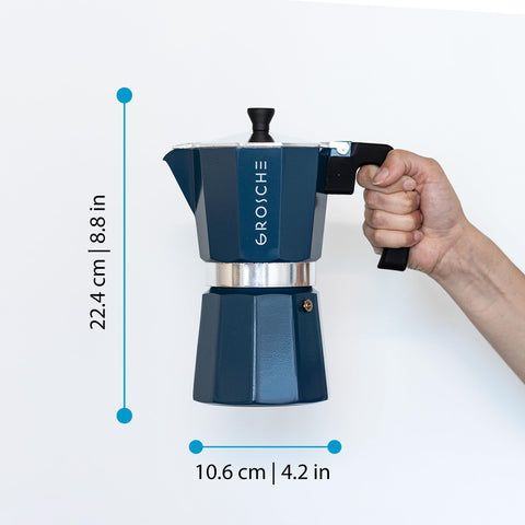 GROSCHE Milano moka pot blue, with milk frother setup for lattes