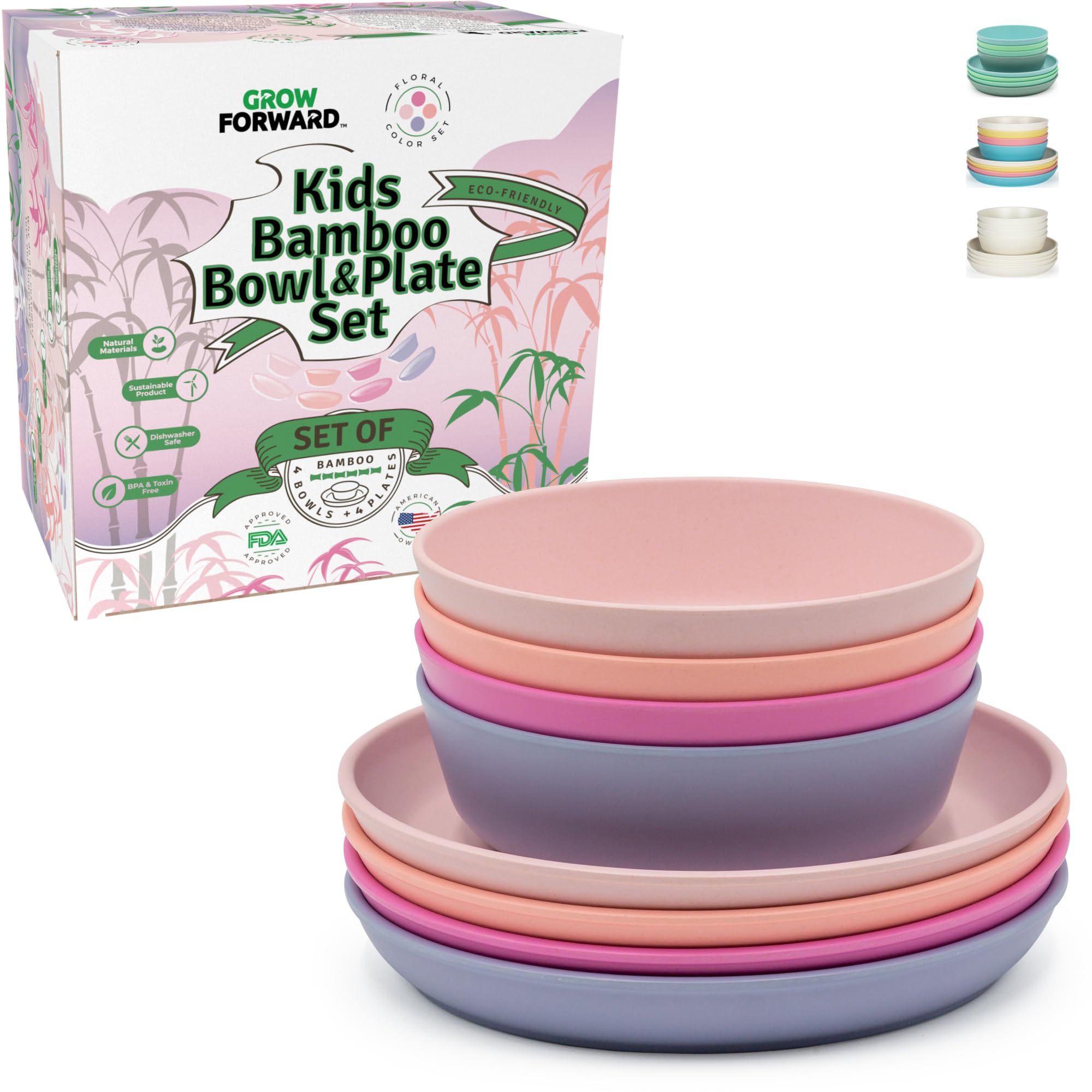 Grow Forward bamboo kids plates and bowls set with high lip for easier self-feeding