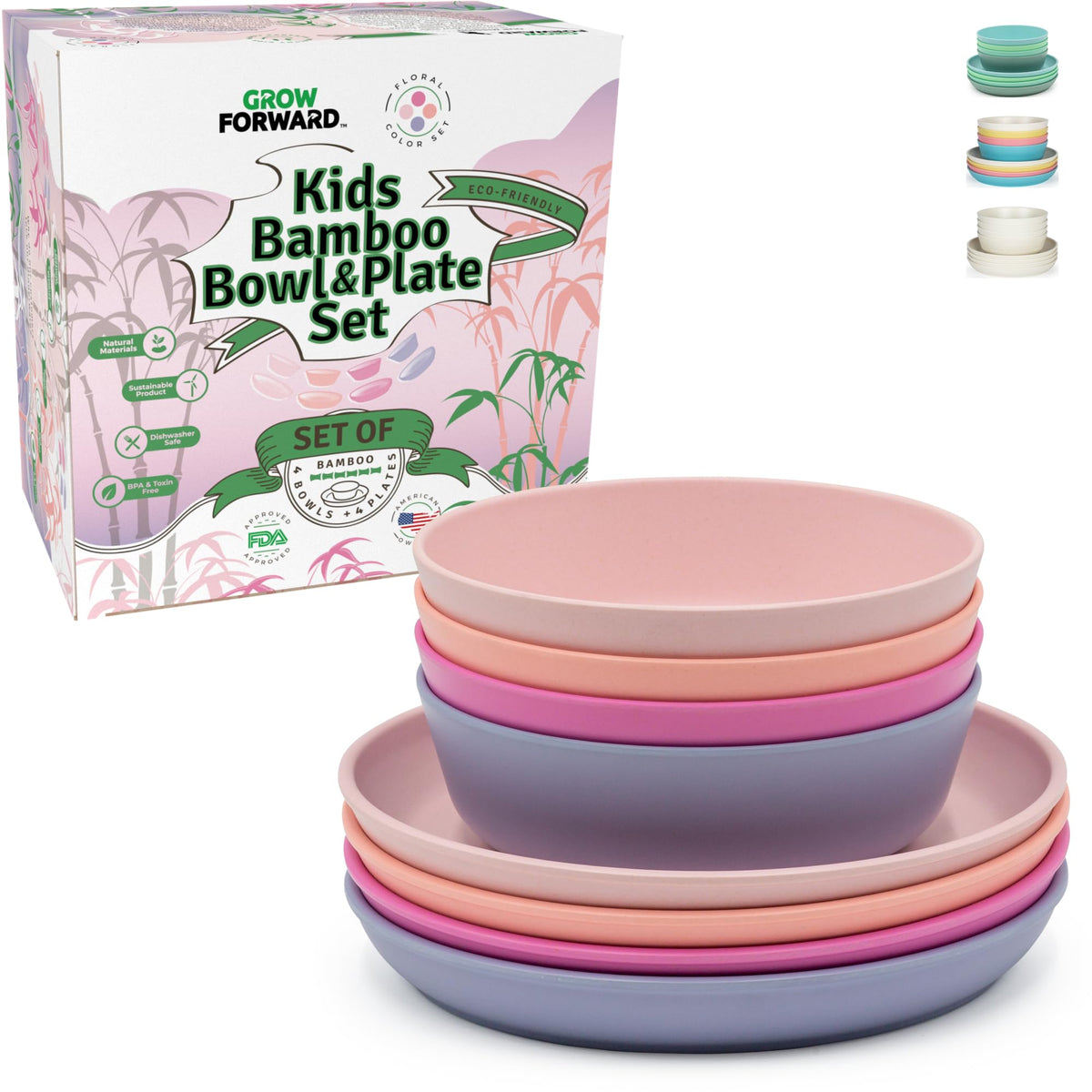 Grow Forward bamboo kids plates and bowls set with high lip for easier self-feeding