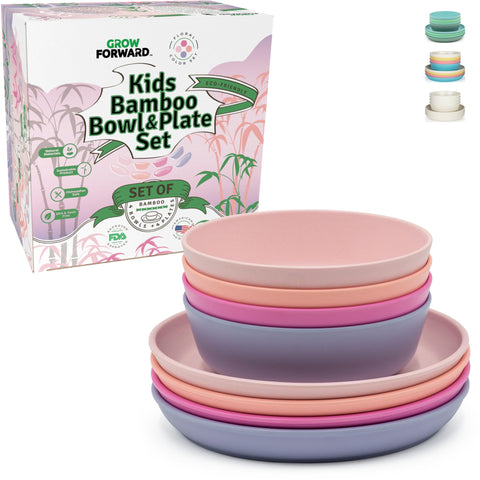Grow Forward bamboo kids plates and bowls set with high lip for easier self-feeding