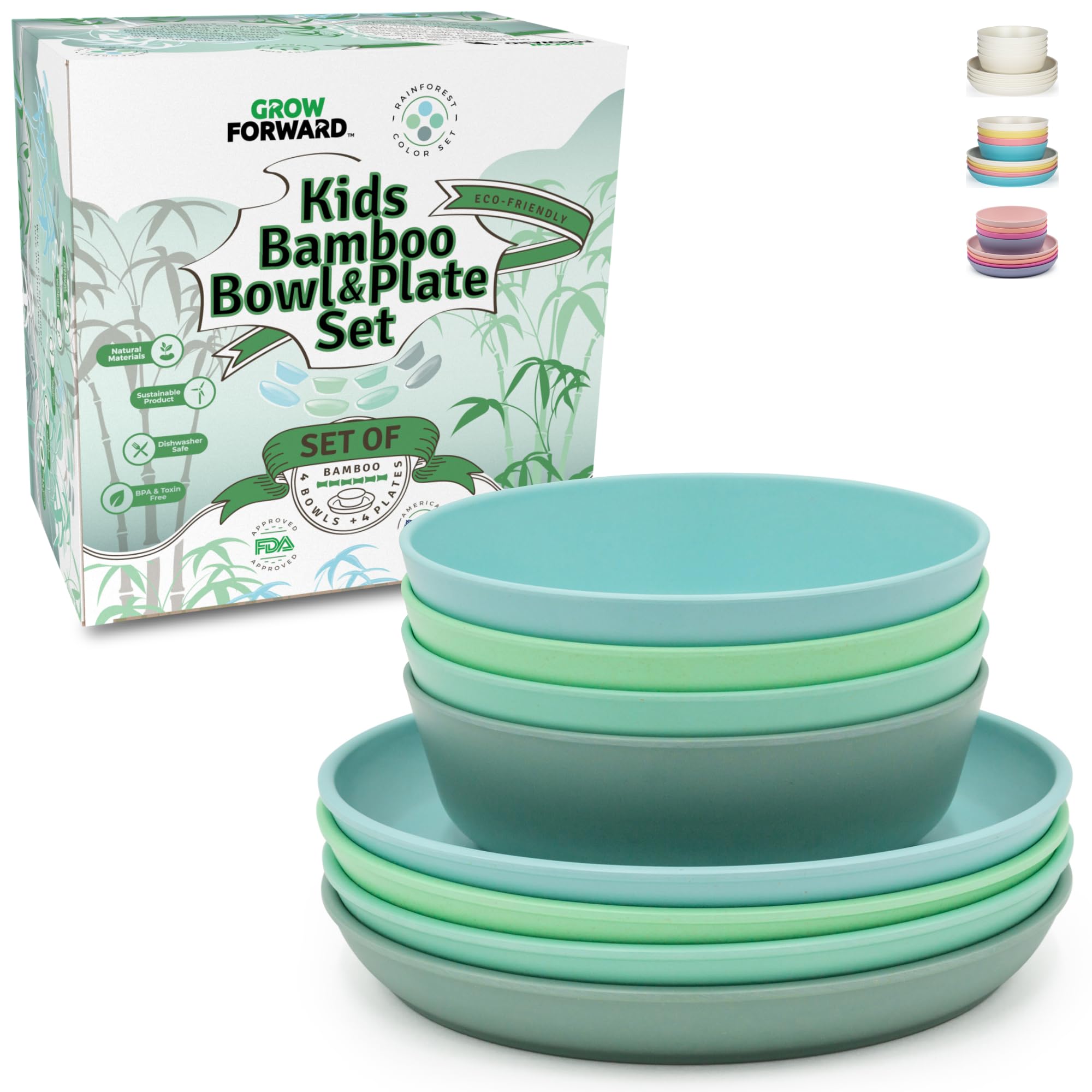 Grow Forward rainforest kids plates and bowls 8pc set for durable, eco-friendly mealtime.