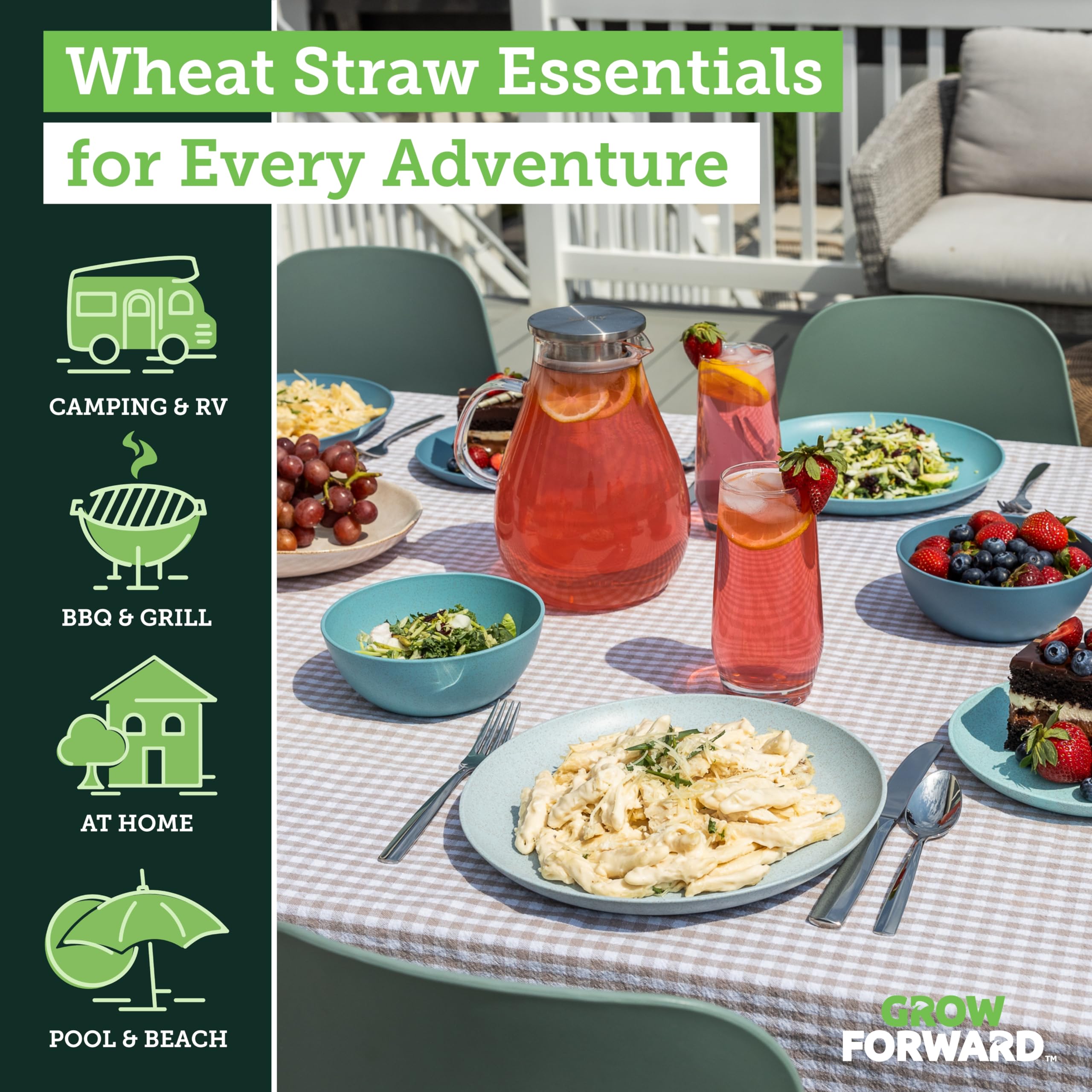 Grow Forward Seascape dessert plates stay sturdy and stack neatly for quick patio setups.