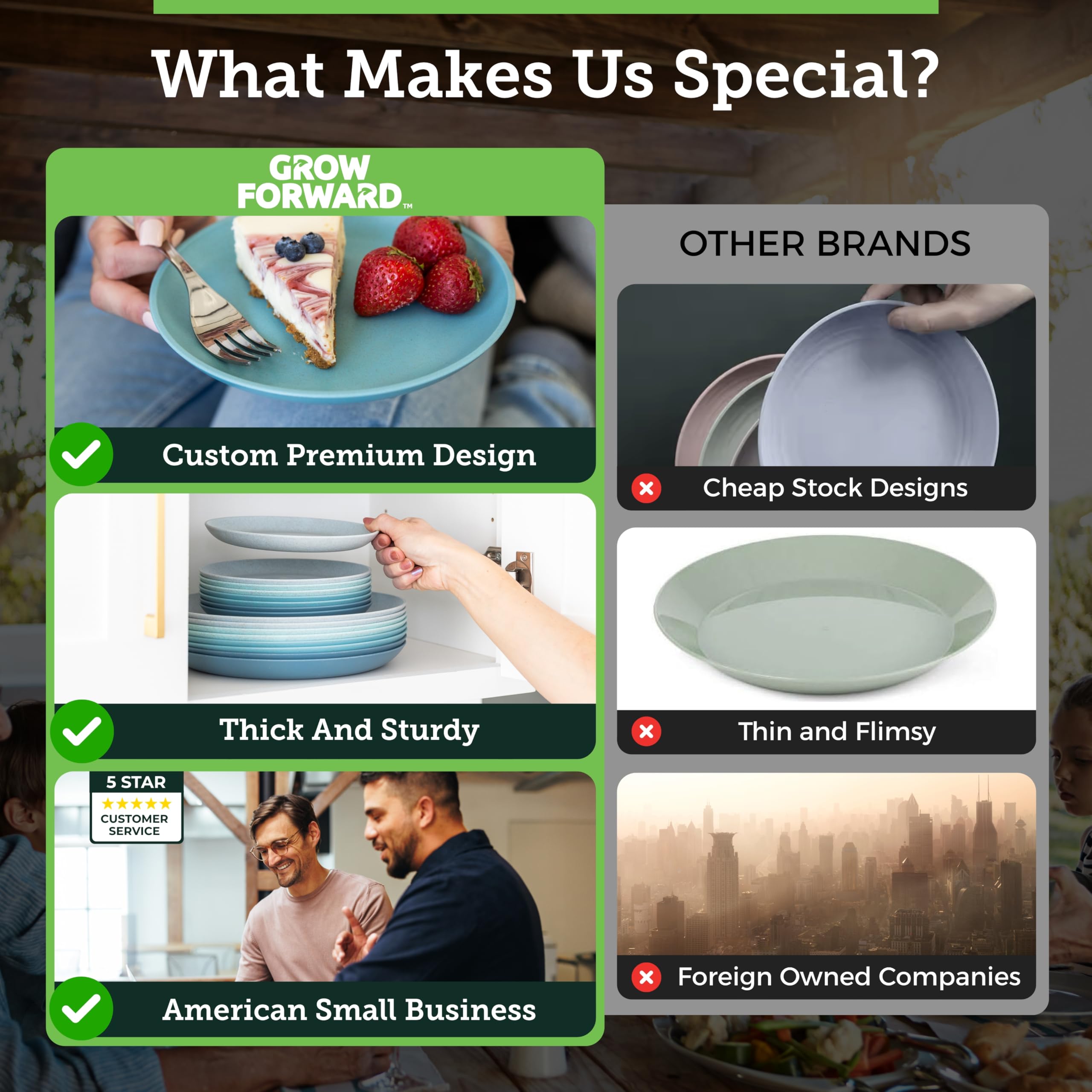 Grow Forward Seascape stackable dishware saves cabinet space in kitchens and campers.