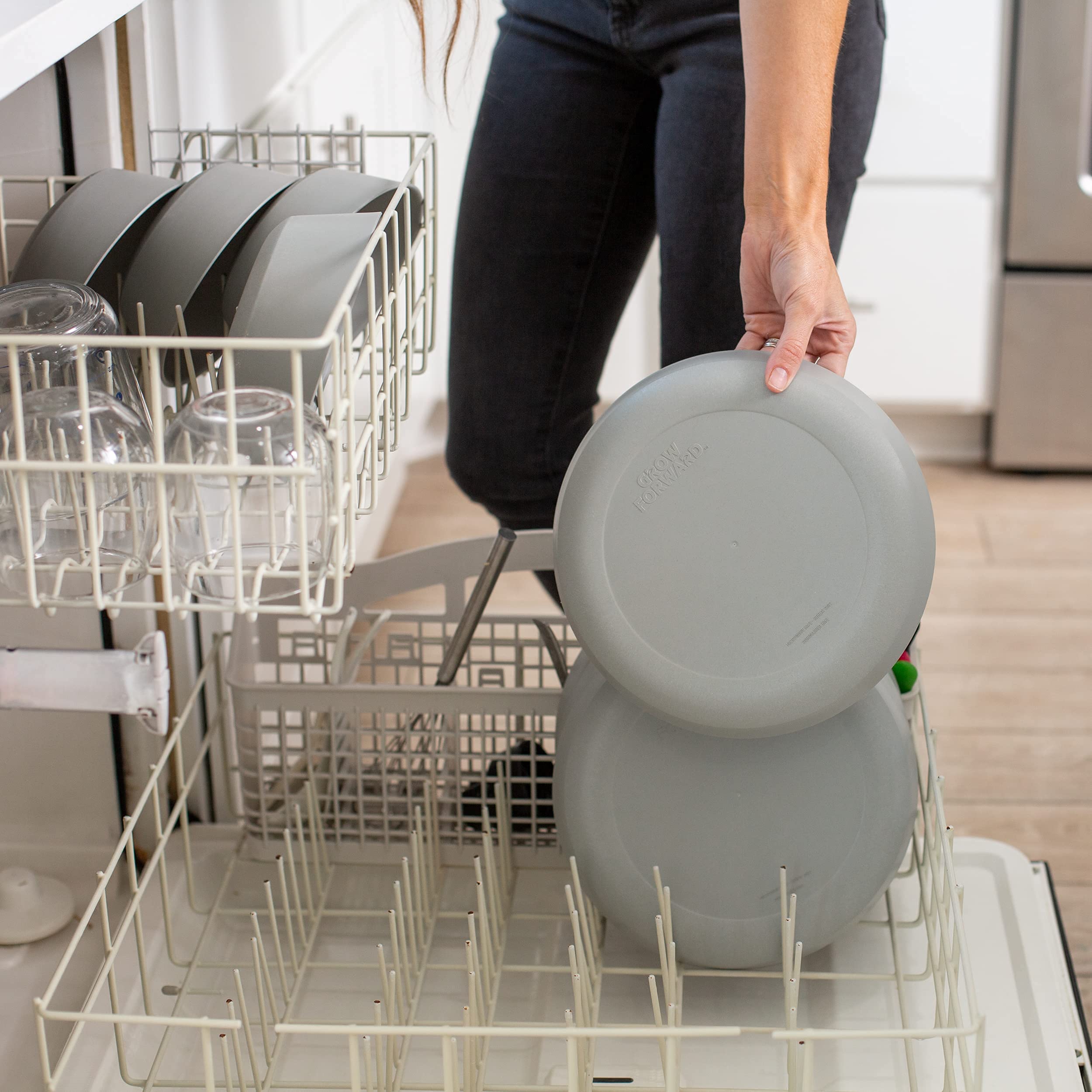 Grow Forward stackable dinnerware saving cabinet space